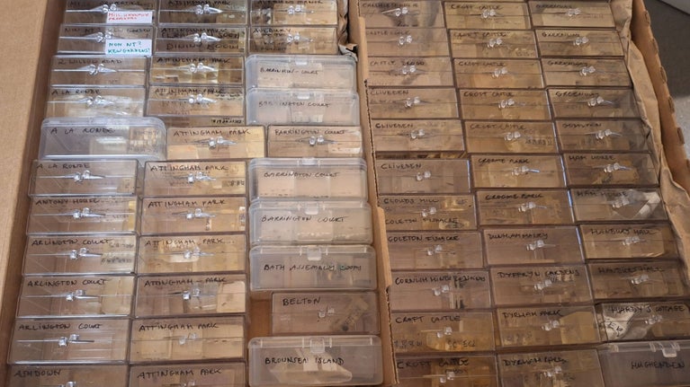 A large cardboard box containing many boxes of architectural paint samples to be catalogued at the new National Trust Paint Archive, ROFCS, Kent.